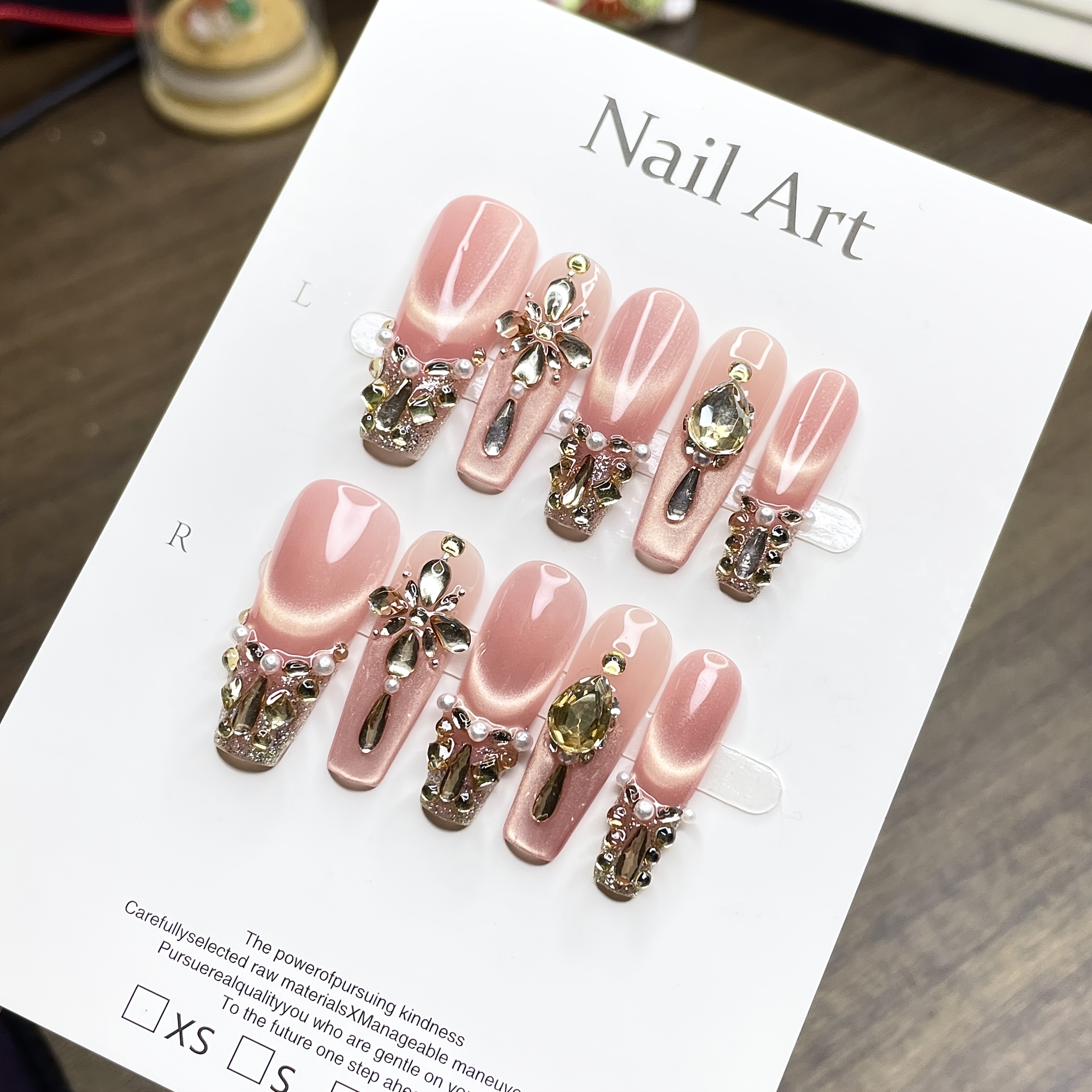 TEMU 10pcs Set Of Handmade Press-on Nails In Nude Pink Cat-eye Style With Vintage Gemstones And. Long, T-shaped, Detachable False Nails A Sense Of