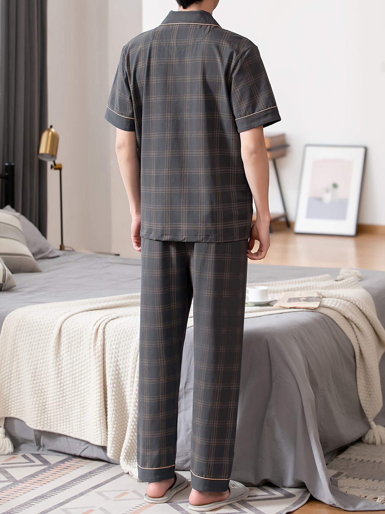 Men's Summer Pajamas with Turned Collar, Pure Cotton, Short Sleeves and Long Pants, Thin Style, Full Cotton, Plus Size, Home Wear Set for Men