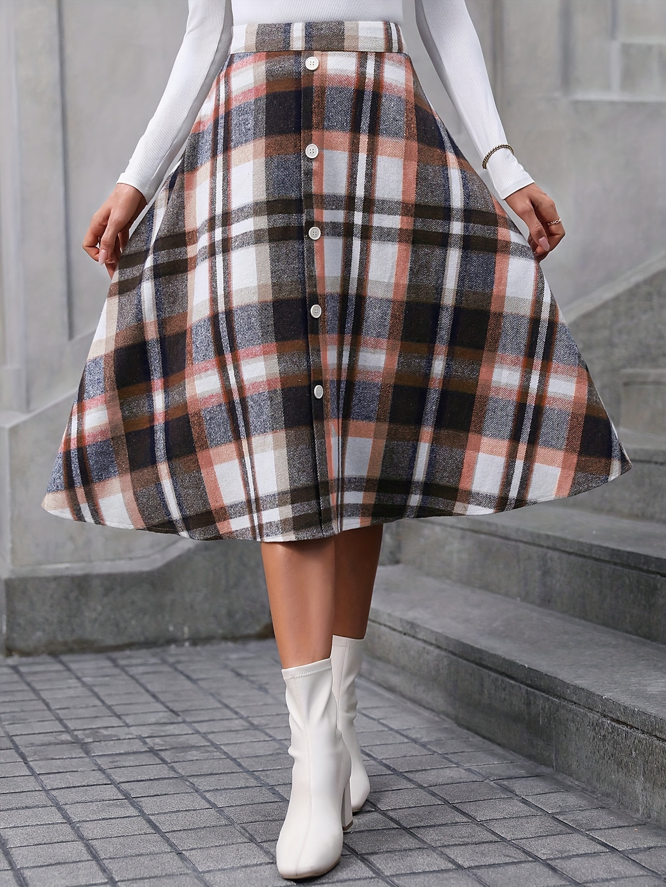 plaid print high waist skirt elegant button detail a line skirt for fall winter womens clothing details 2