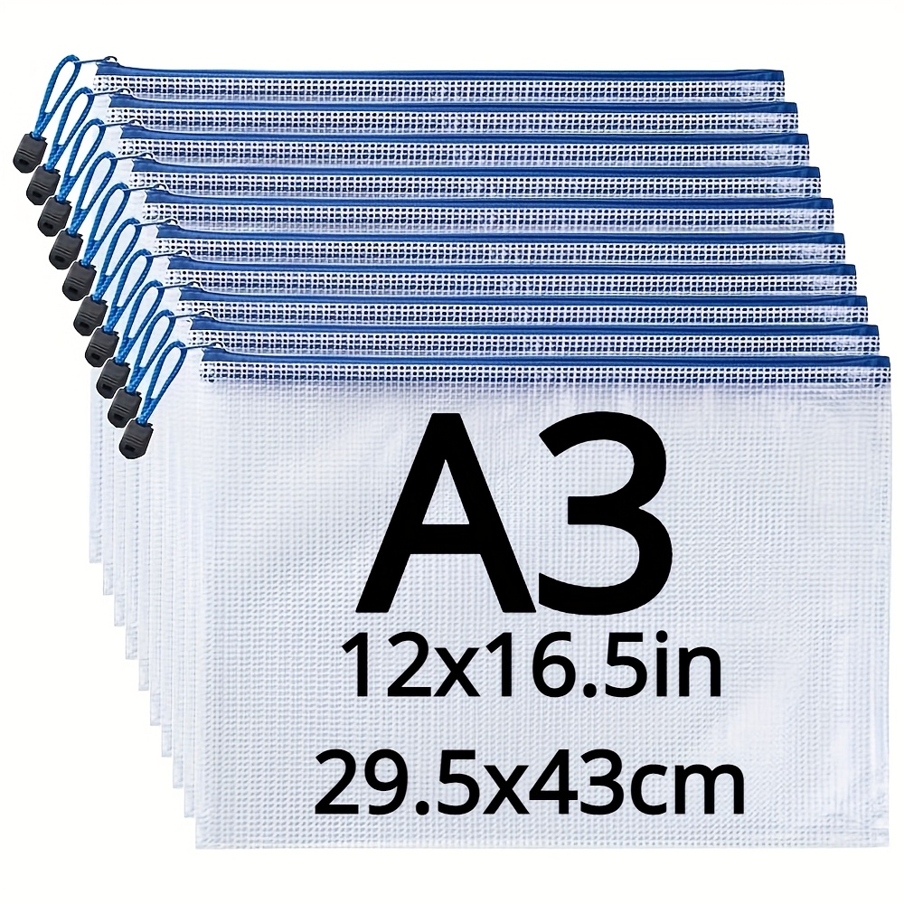 

5/12 Pack A3 Size (17x12inch/43x29.5cm) Classic Polyethylene Mesh Zipper Bags, Waterproof & Tear-resistant, For Documents, Board Games & Travel