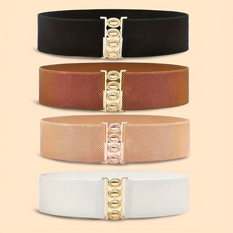 TEMU 4pcs Bohemian Style Women's Wide Belt Set, Stretch, With Metal Snap Buttons, Alloy, Versatile For Daily Use, Parties, And Festivals