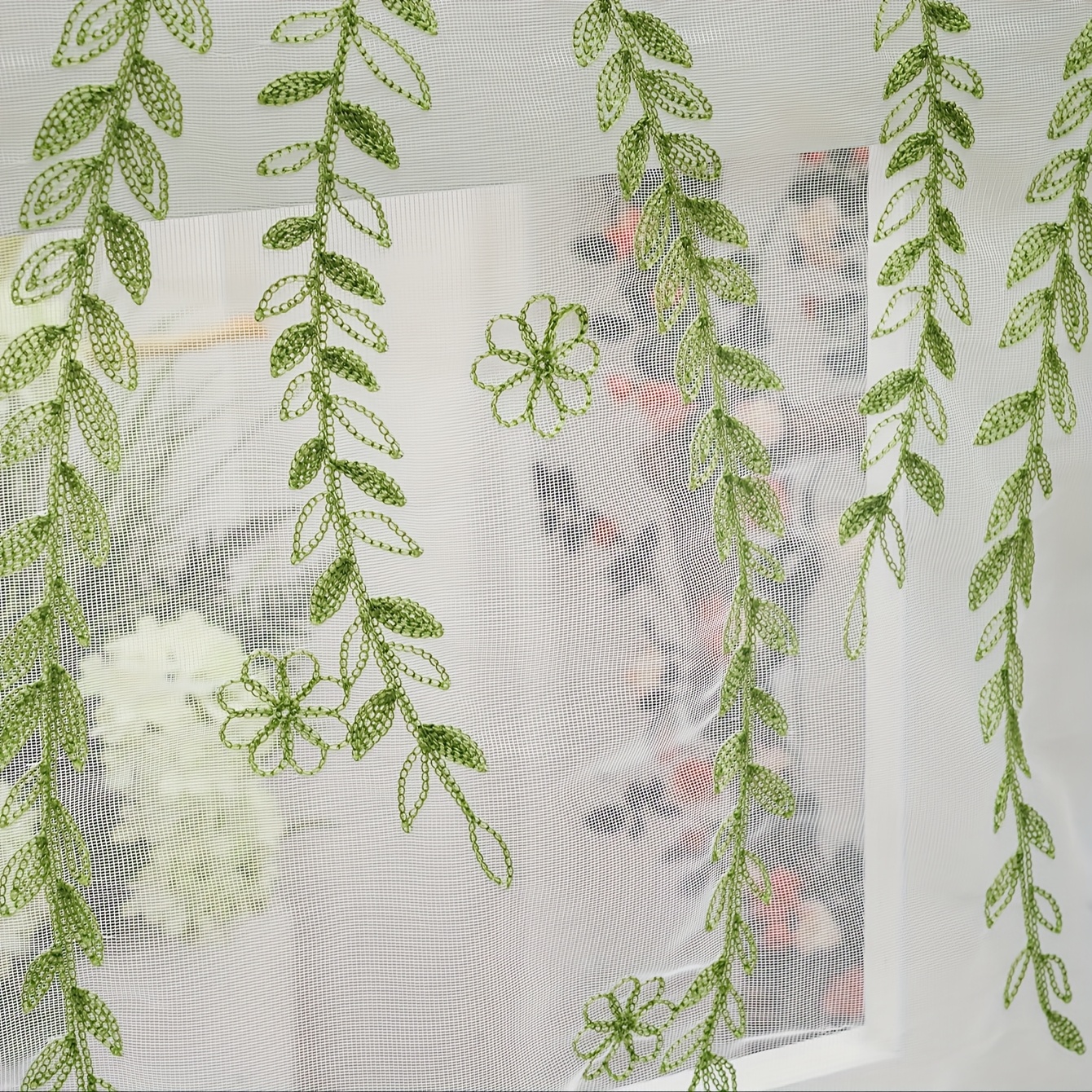 E-shop 1 Stück Künstlerischer Grün-Grauer Blumenstickerei-Vorhang mit , Stangen--Design, Halbtransparent aus Polyesterfaser, geeignet für Küche,