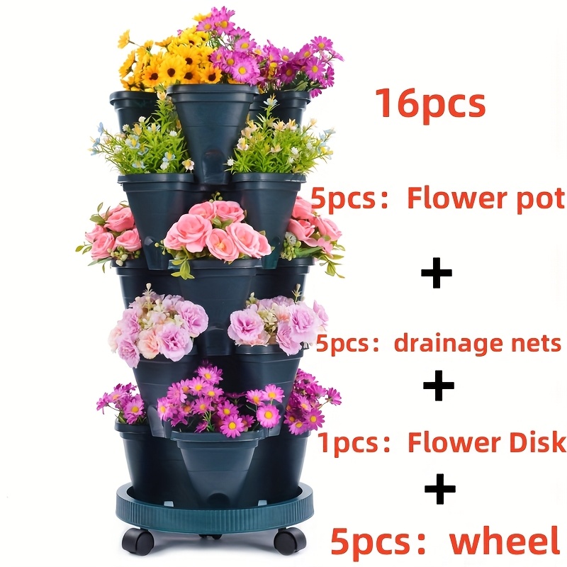 TEMU 1 Set, 5-layer Stackable Flower Pots - Vertical Garden Flower Pots For Flowers, Herbs, Strawberries And Vegetables - New Durable Ppp Plastic,