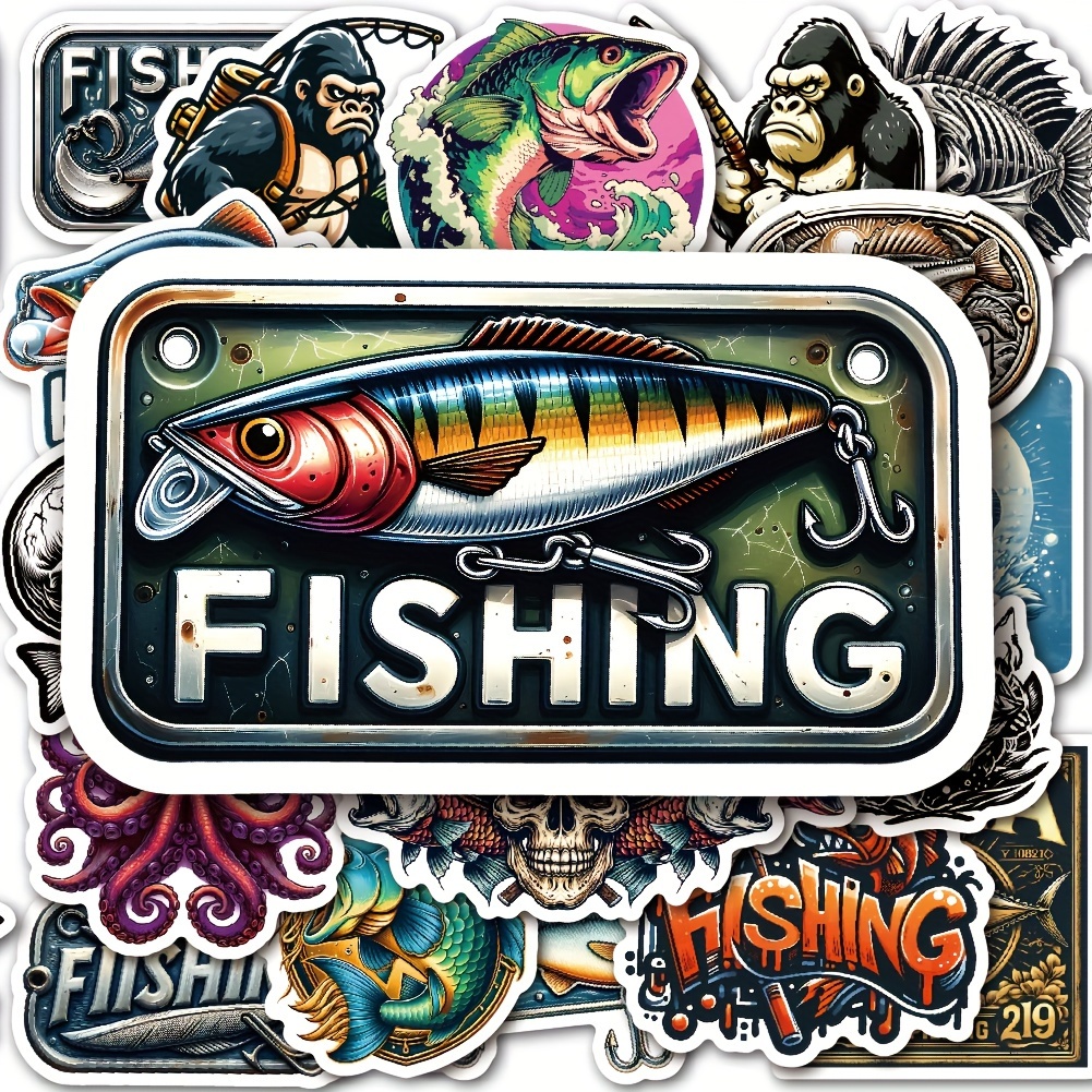 

50-pack Fishing Outdoor Stickers - Pvc Waterproof Decals For Car, Motorcycle, Helmet, Laptop, , Fish, And Animal Graphics, Fishing Enthusiast Adhesive Decor