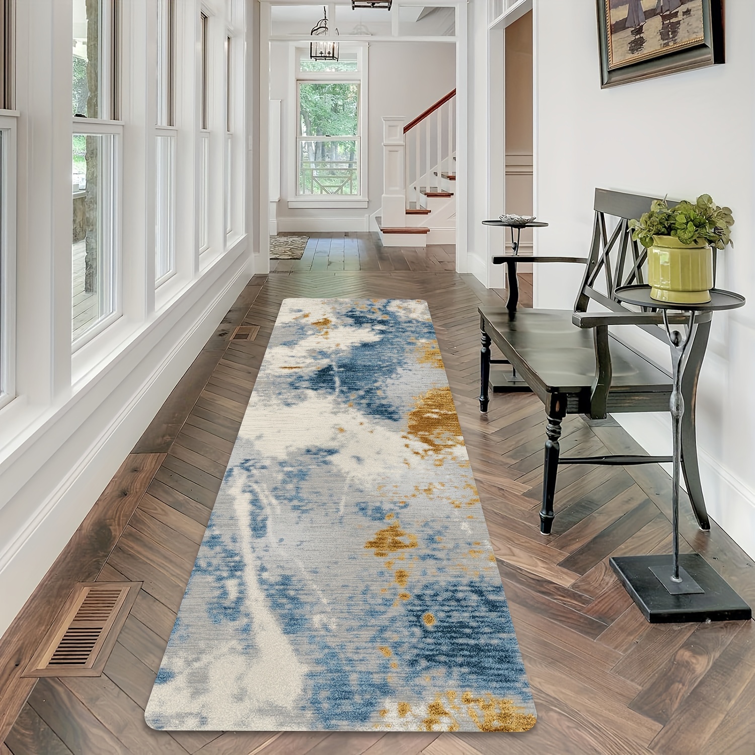 

Modern Abstract Art Runner Rug - Non-slip, Machine Washable, Soft & Shed-free In Blue/gray - Entryway, Bedroom, Kitchen, And Bathroom