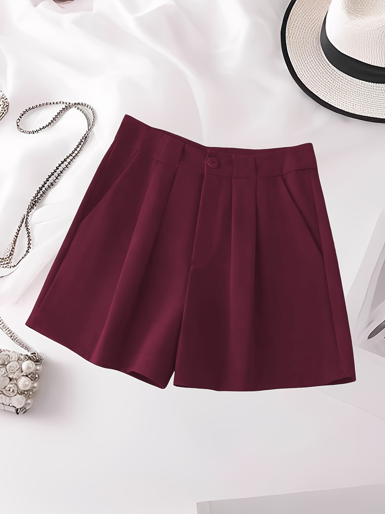 Shorts de Mujer de Color Sólido con Bolsillos Inclinados para Primavera, Verano y Otoño (Cinturón No Incluido) - Imagen 8