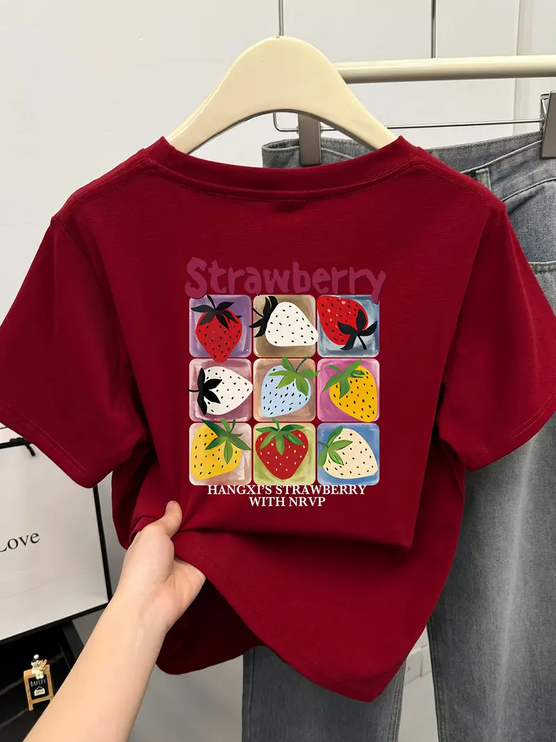 womens fit short sleeve crew neck t shirt strawberry print summer casual top japanese korean style machine washable tee for fashion casual attire shirts for s graphic fit shirt comfortable material trendy teens Product details 2