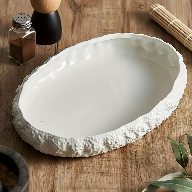 1pc Luxury Ceramic Seafood Serving Tray with Textured Edges - Oval Dish for Steamed Fish and Lobster, Ideal for Restaurant and Home Use