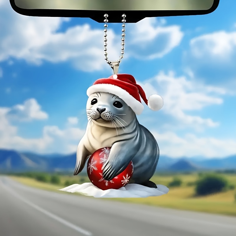 

Cute Seal Hanging Ornament With Santa Hat - Acrylic Decorative Pendant For Car, Backpack, And Keychain Accessory - Double-sided Christmas Design