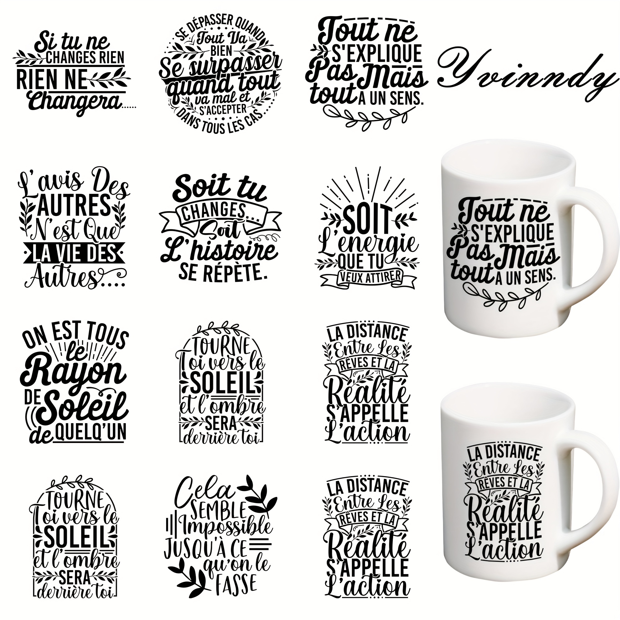 TEMU 12pcs French & English Positive Affirmation - Waterproof, Scratch-resistant Uv Dtf Vinyl Quotes, Motivational Phrases (french/english) For Diy