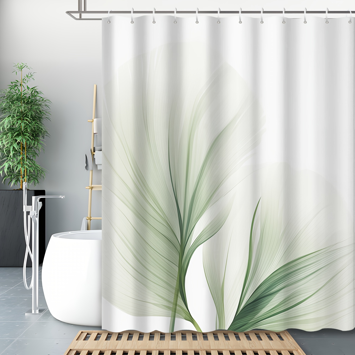 

1pc Minimalist Hand-painted Green Palm Leaf Pattern Shower Curtain, Waterproof Shower Curtain With 12 Hooks, Bath Curtain, Bathroom Partition, Room Decoration, Machine Wash Window Bathroom Decoration