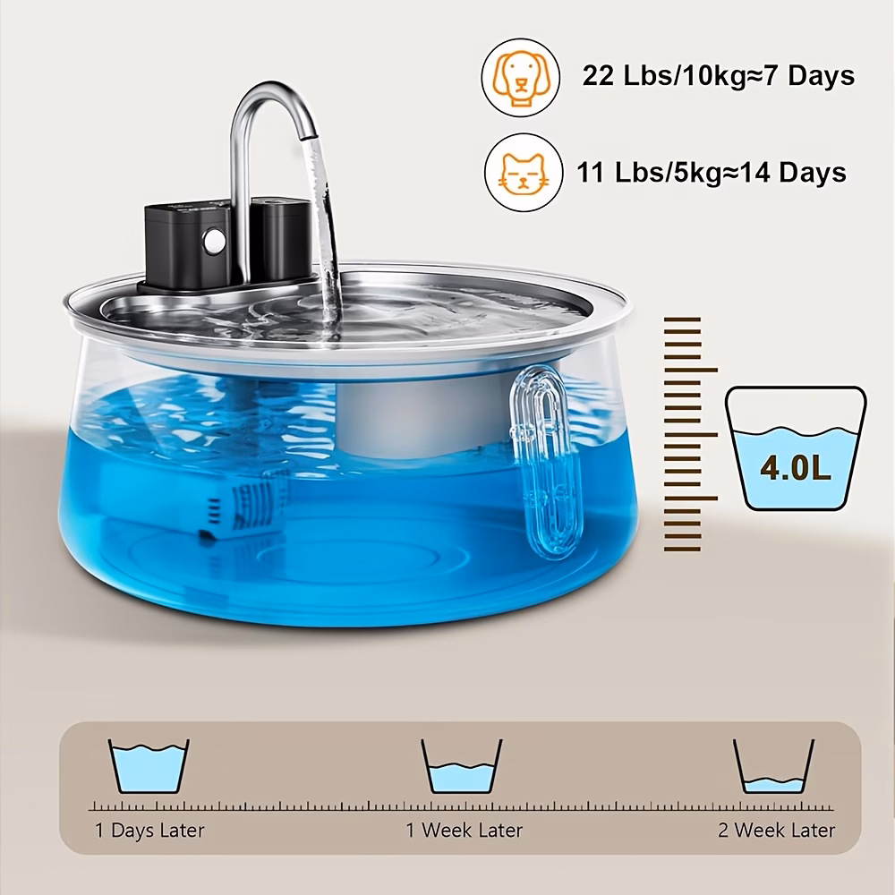 4 operated stainless steel pet water fountain indoor automatic pet water dispenser with built sensor usb rechargeable water bowl for support battery and usb power supply adapter not included Product details 2