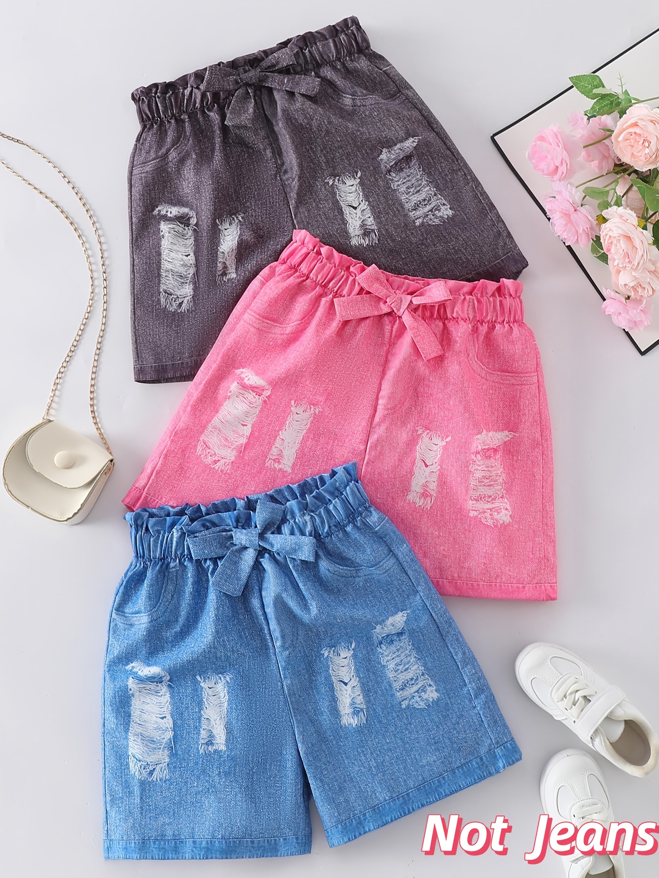 *-Piece Set of Stylish Shorts for Girls, Designed to Denim, Featuring a  Comfortable Streetwear Look with *-Dimensional Bow,