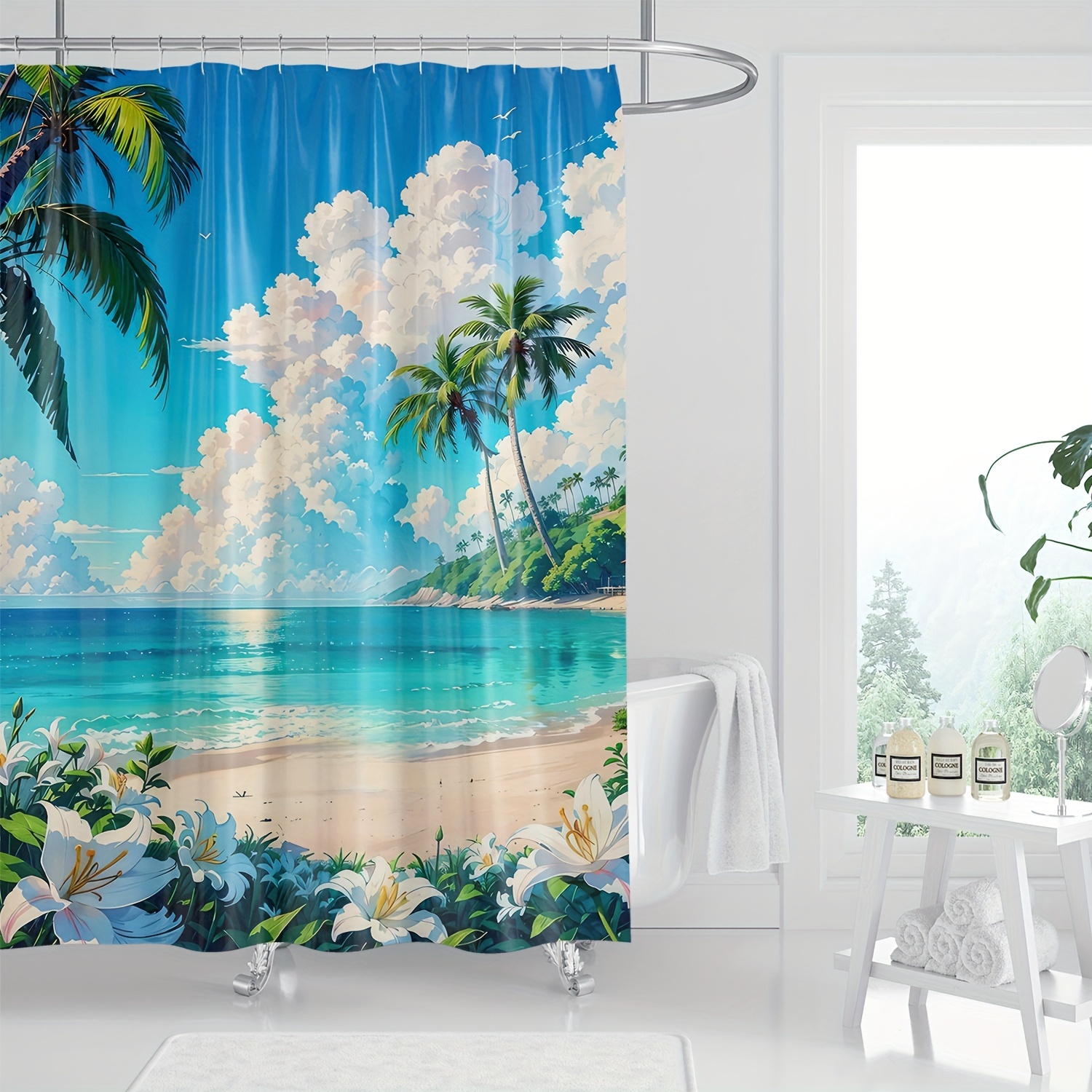 

1pc Tropical Beach Scenic Shower Curtain, Modern Digital Print, Ocean View With Palm Trees, Waterproof Bathroom Decor, 70.87x70.87 Inches, Home Decor