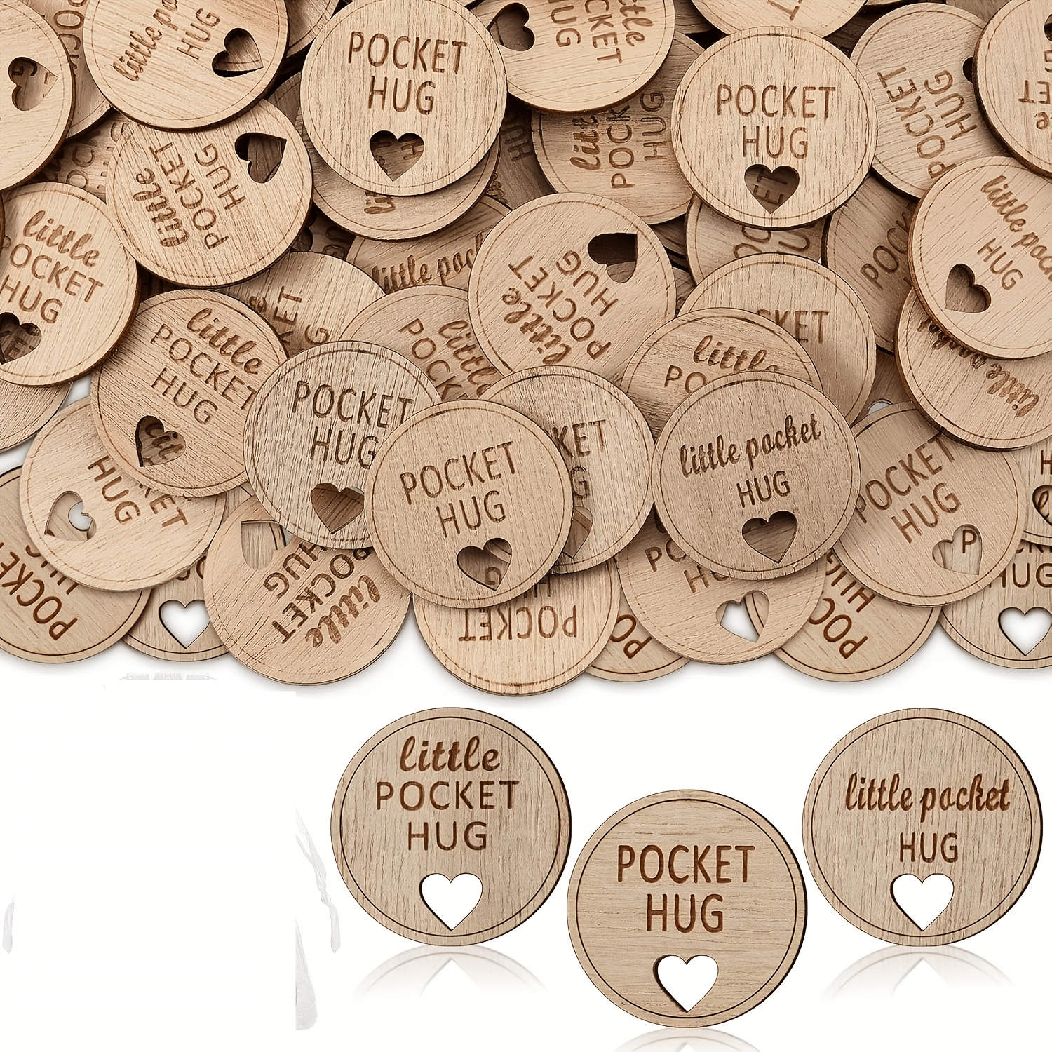 Image of 50pcs Pocket Hug Wooden Tokens With Organza Bags - Heart-shaped Commemorative , Expressing Love And Support - Suitable For Birthdays, Life Celebrations, And Funeral Gifts