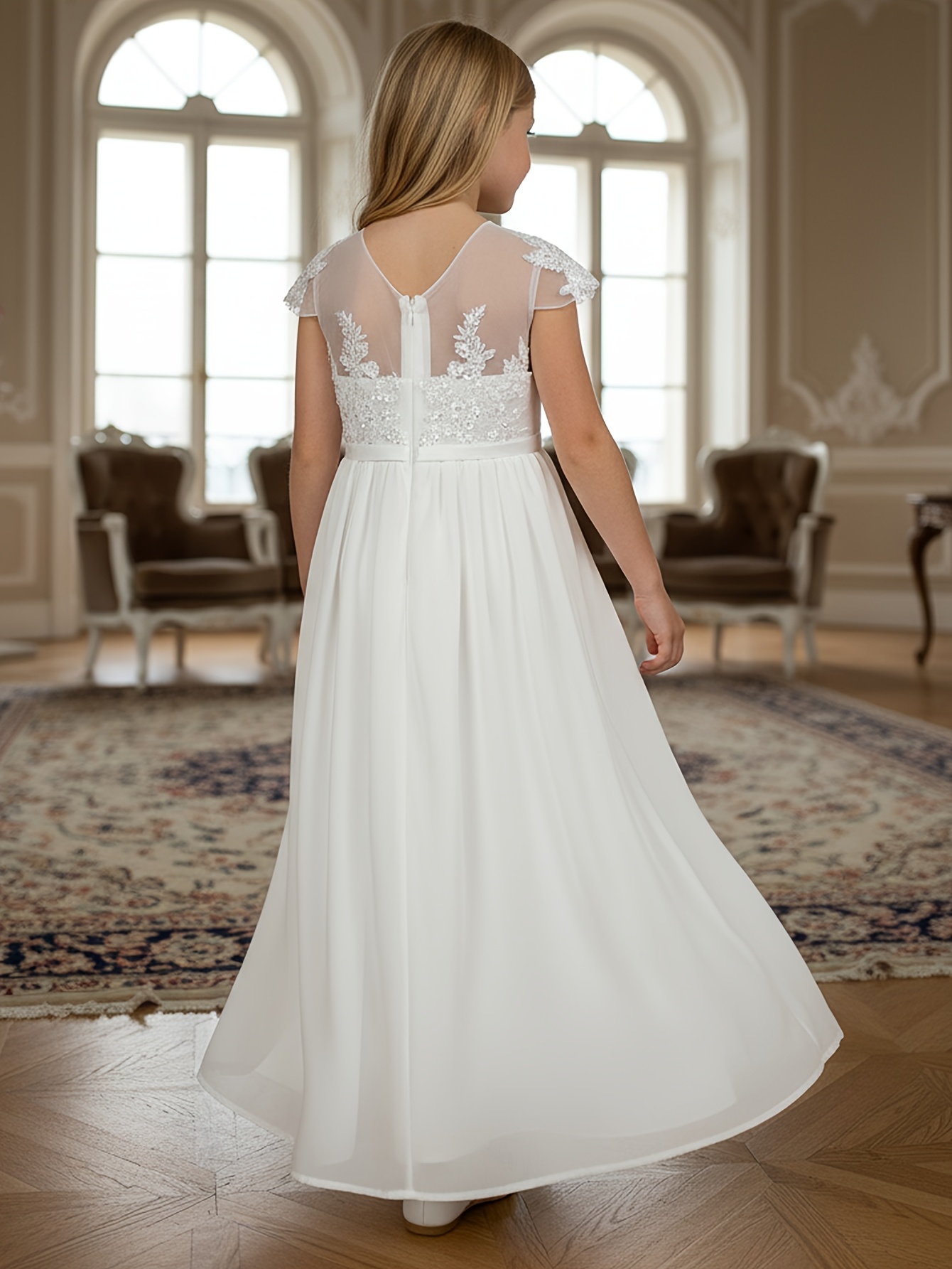 long lace chiffon flutter sleeves dress a line communion - Temu