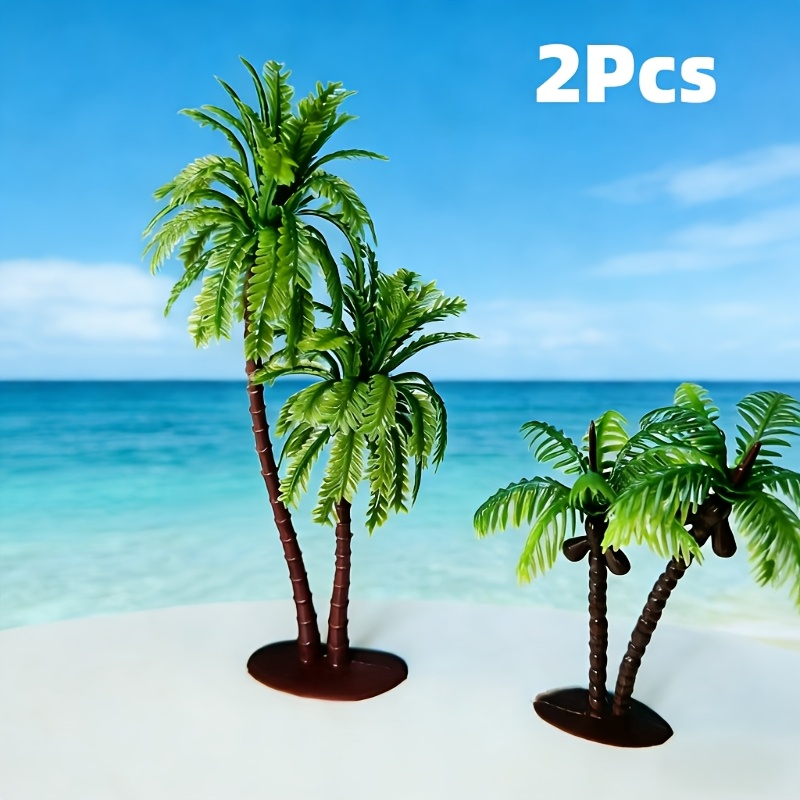 2pcs Mini Artificial Coconut Tree Model, Tropical Beach Landscape Ornament, Double Coconut Tree Sand Table Decoration Additions For Micro Scene, Miniature Train Layout, Sandbox Model & Diorama Decor