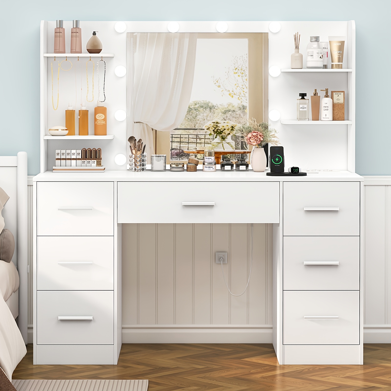 Escritorio de Maquillaje Espacioso con Espejo Iluminado y Toma de Corriente, Equipado con Siete Cajones, Cuatro Estantes y Cinco Ganchos, Ideal para Usar en un Dormitorio o Baño