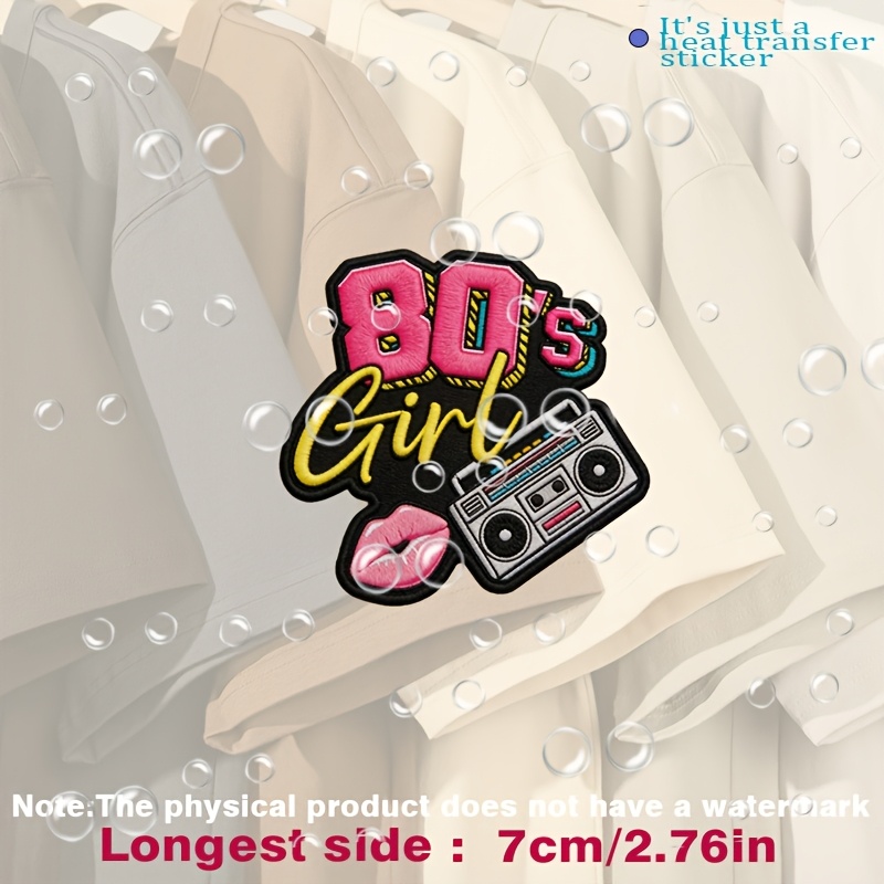 TEMU 80S " Patch mit lebendiger pinkfarbener und gelber Schrift, pinkfarbene Lippen, Wärmeübertragungsaufkleber sind geeignet für flache Stoffe wie