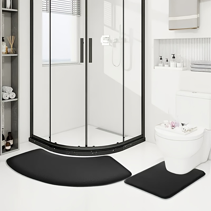 Image of 2pcs Solid Color Fleece Bathroom Non-slip Floor Mats Set For Shower Room Absorbent Soft Toilet Mat