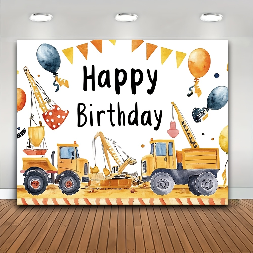 

Construction-themed Happy Birthday Party Banner - & Excavator Design, Polyester Fabric, Ideal For All Decor