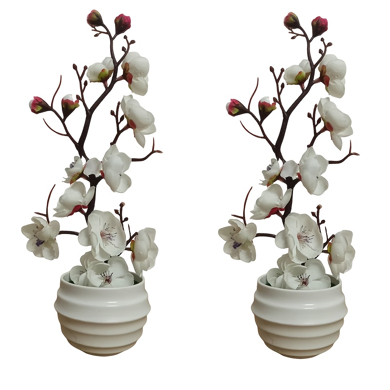 Image of 2pcs Elegant White Artificial Plum Potted Plants With Plastic Vases – Realistic Floral Tabletop Decor For Home, Office, Weddings, And Parties, Event Decor | Decorative Plants | Maintenancefree Decor
