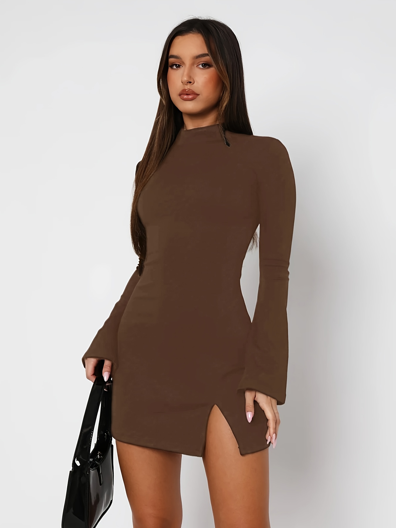 high neck flared sleeve bodycon dress side slit stretchy - Temu United Arab  Emirates