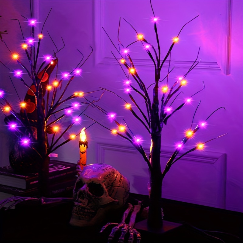 

1pc Scary 24 Inch Birch Tree With 24pcs Led Lights Orange And Purple- Usb/battery 2 Power Supply, Black Simulation Tree Desktop Decoration For Indoor Home Use, Gift, Holiday Decoration Lights