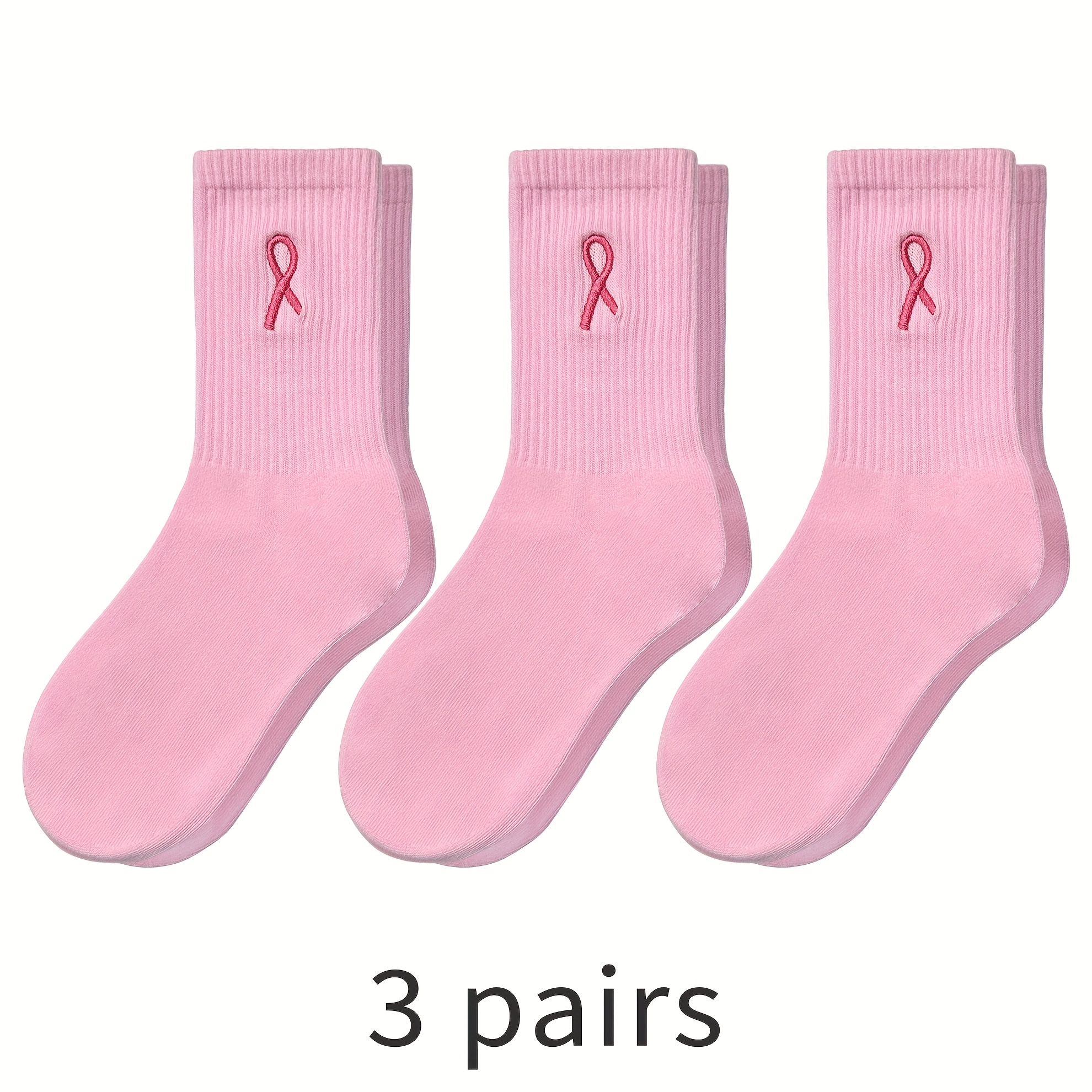 TEMU Pink Ribbon Embroidered Breast Awareness Socks, Women's Crew Socks, Great Gifts For Ladies,, Mothers, Daughters, Sports Clubs, Teams, Coworkers,
