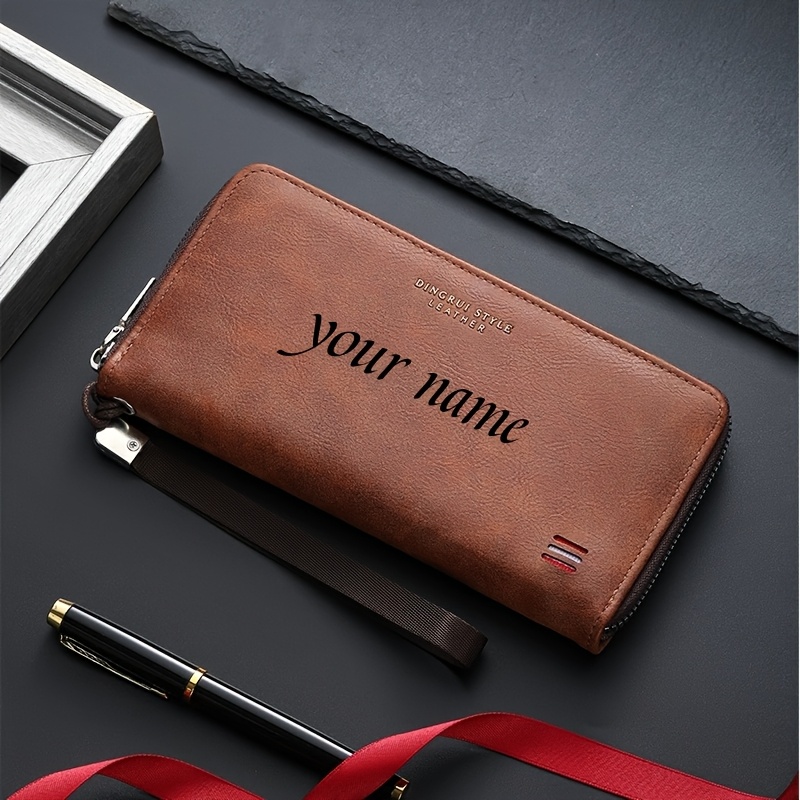 TEMU Personalized Laser-engraved Men's Wallets - Stylish Black Leather With Multiple Card Slots, Long Zipper, Custom Name Options, Perfect Gift For