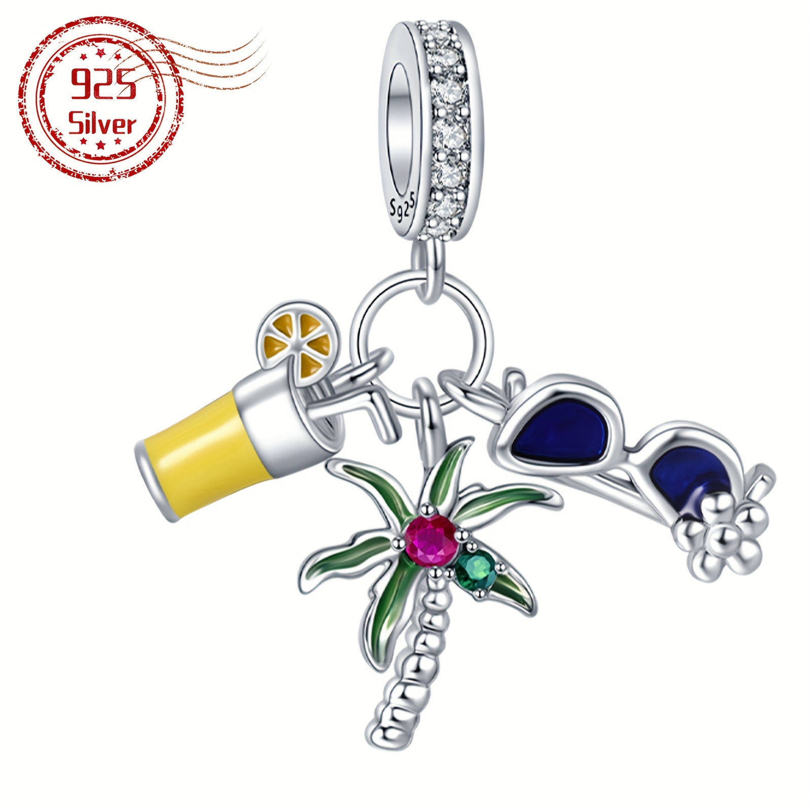 Summer Beach Dangle Charm for Bracelet, 925 Silver Pendant