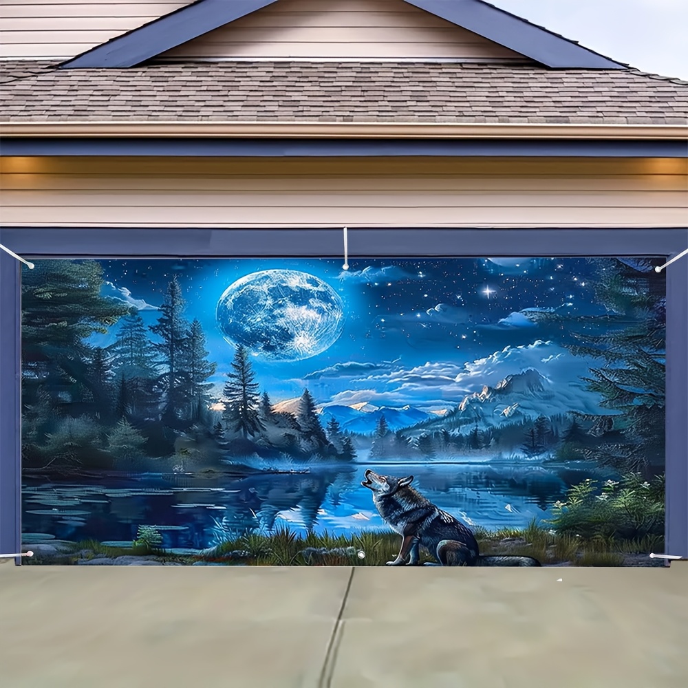 2D Flat - 1pc Wolf by Moon Lake Decorative Garage Door Cover - 2D Flat Printing, Polyester Outdoor Banner, Easy to Hang, Versatile for Any Festive or Themed Event, Festive Decoration|Majestic Landscape Decor|Durable Outdoor Fabric