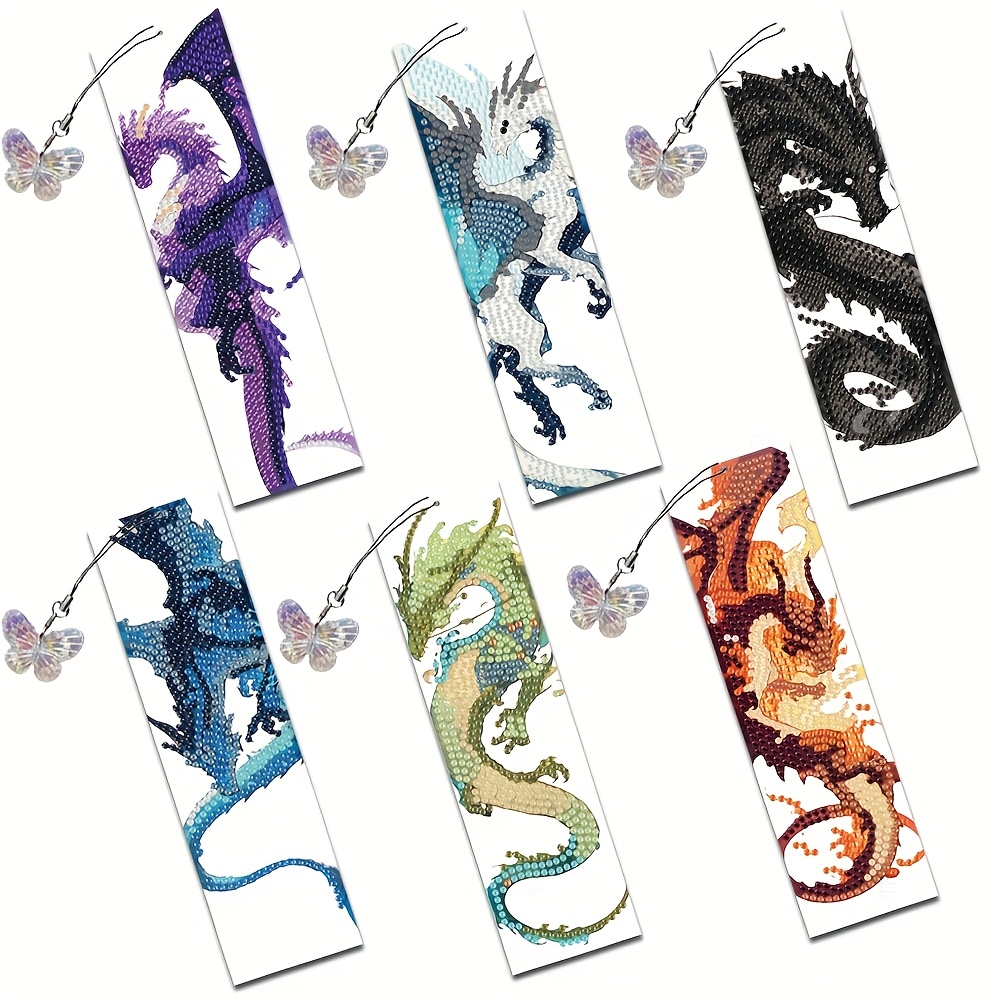 TEMU 6pcs Diy Diamond Painting Bookmark Set - Handmade Rhinestone Dragon & Pendant Art Bookmarks, Craft Kit For Reading Markers And Decorative Gifts