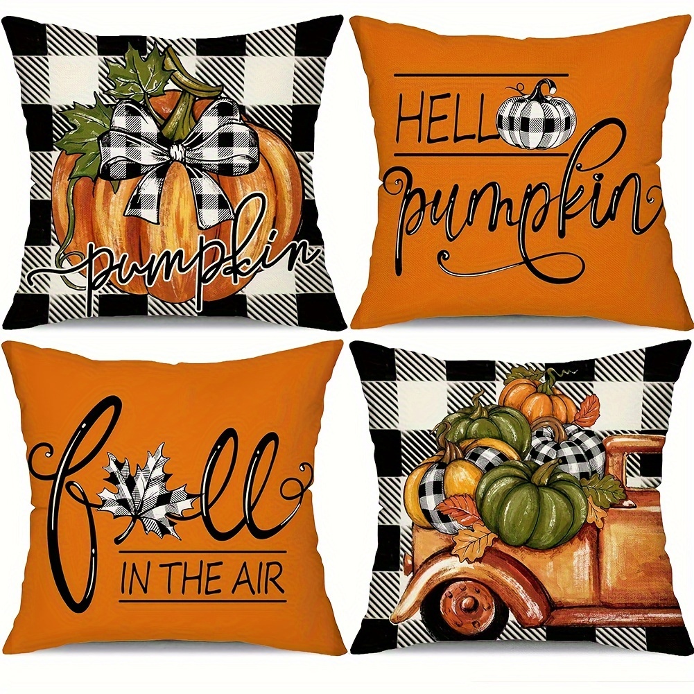 

4-pack Fall Pillow Covers 18x18 Inches - Pumpkin Truck & Buffalo Plaid Design, Zip Closure, Machine Washable Polyester - Perfect For Thanksgiving & Farmhouse Decor
