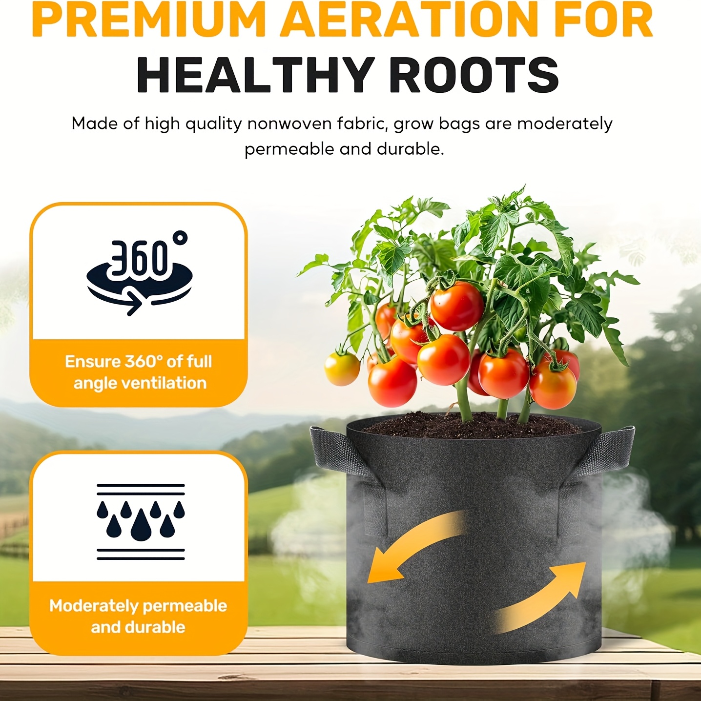 iPower 5-Pack 15 Gallon Plant Grow Bags Thickened Nonwoven Aeration Fabric Pots Heavy Duty Durable Container, Strap Handles for Garden, Black New