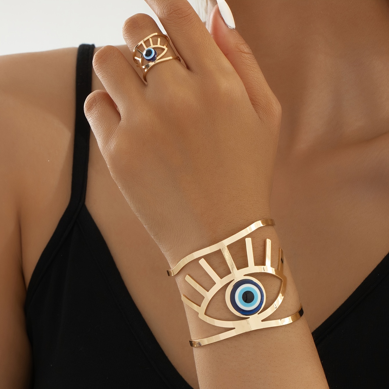 TEMU 1pc Eye Ring & Bracelet Set, Fashionable Hip-hop Style, Jewelry For Women