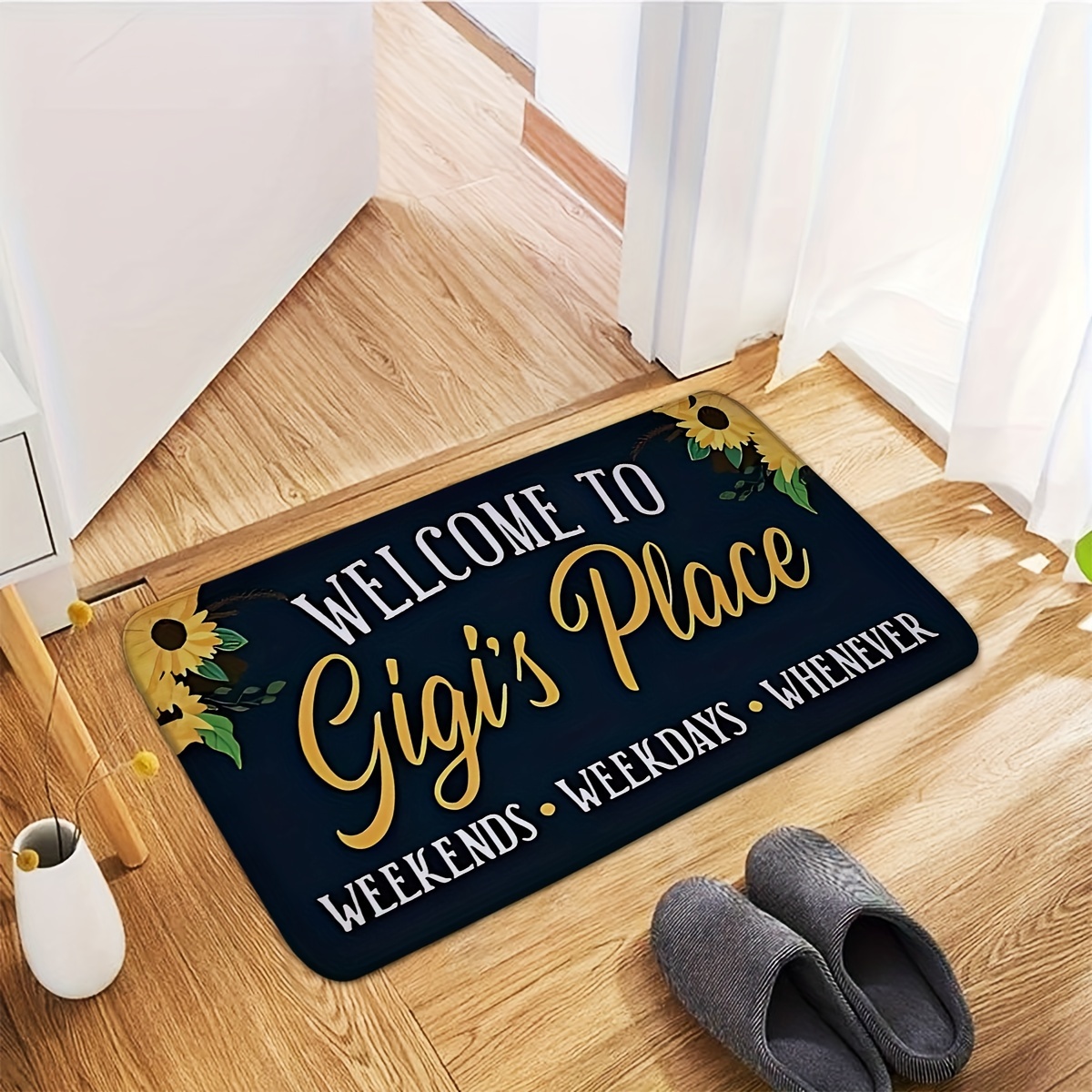 

Welcome To Gigi's Place Non-slip Rug Pad - Braided Polyester Machine Washable Medium Pile Mat For Home, Bathroom, Kitchen, And Indoor Entrance - Decorative Sunflower Design Door Mat In Multiple Sizes