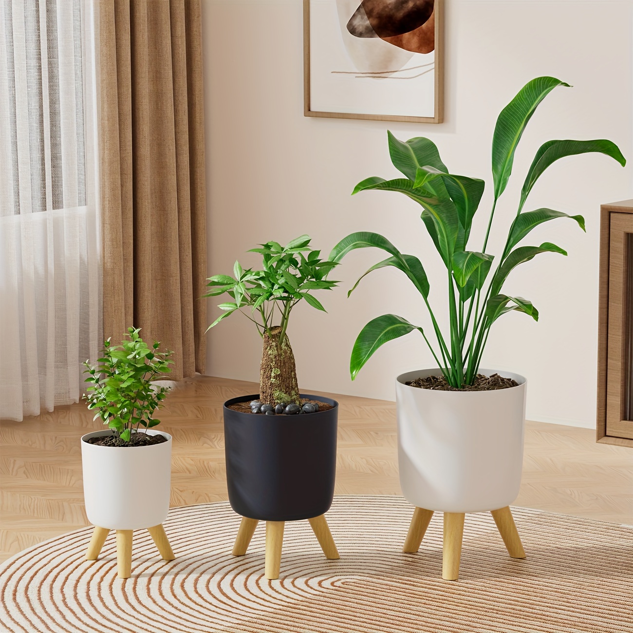 

Ensemble avec 3 Pieds en Bois Support Moderne pour Jardinière à Pieds en Bois pour Chambre Salon Pot de Plante à Sol Jardinière pour Herbes Jardinière Décorative pour Bureau avec Support Mobile