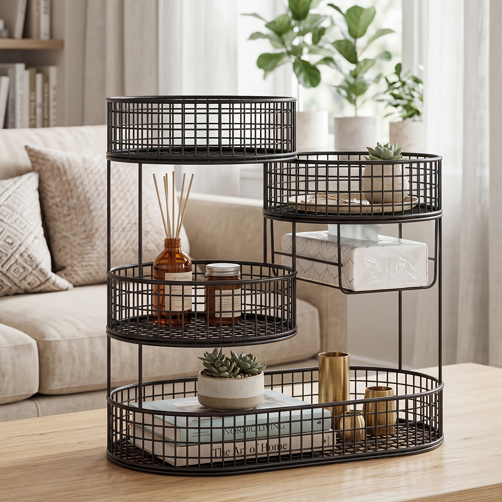 Image of 4-tier Desktop Storage Shelf Organizer, Metal Countertop Rack With Open Basket Design, Space- Display Shelf For Makeup, Skincare, Bathroom, Kitchen & Vanity, Utility Racks
