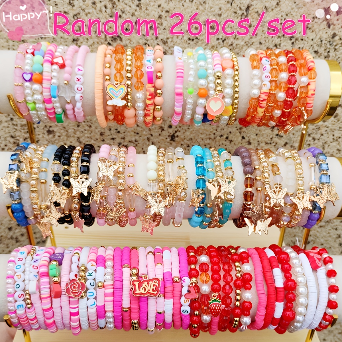 

26pcs/set Valentine's Style Soft Clay Glass Pearl Decorative Bracelet Set Sent