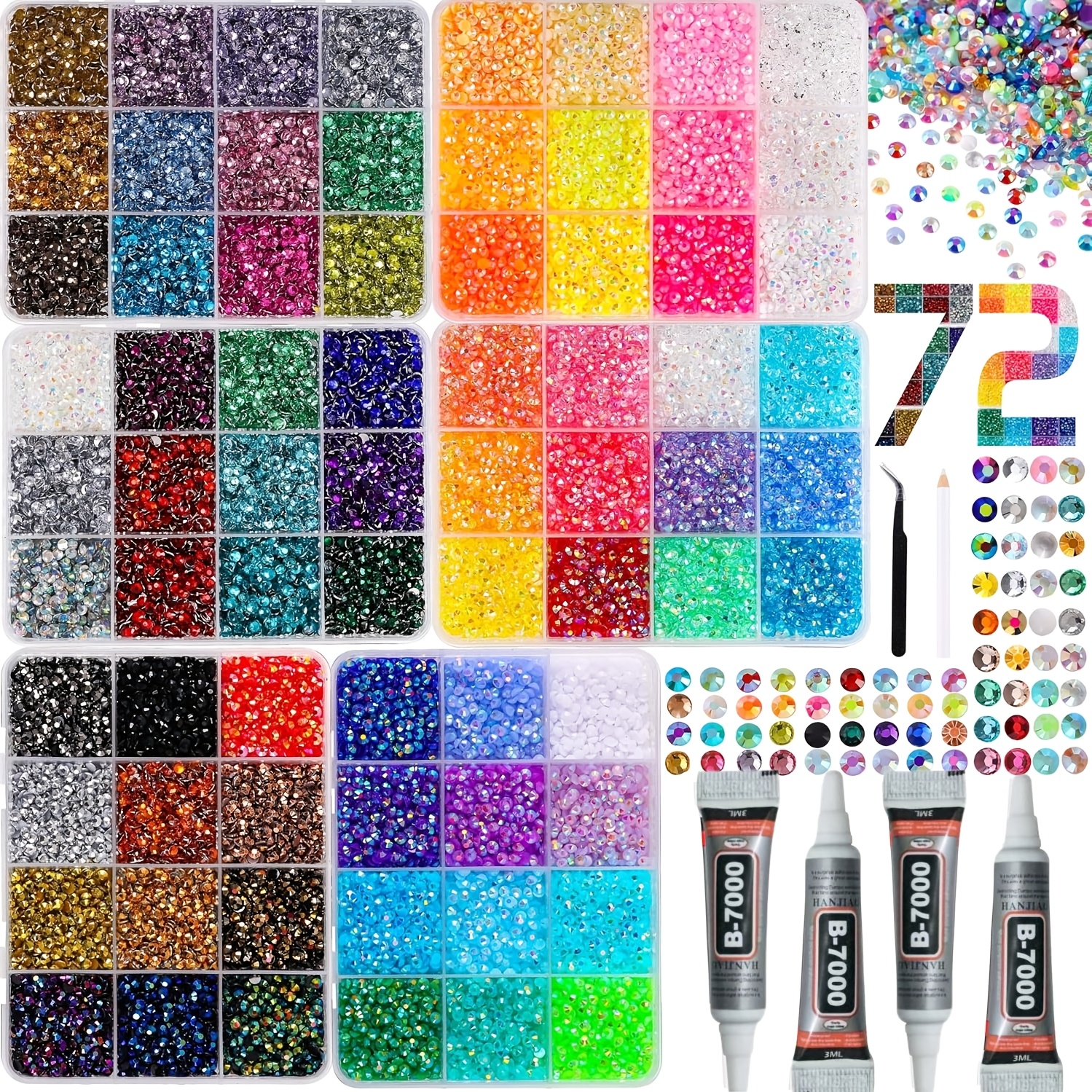 45000pcs Bedazzling   &   Kit with 6 Boxes - 72 Colors Resin Jelly Flatback Gems, 4×0.1oz B7000 Jewelry Suitable for Nail Art, Crafts, Clothing Decoration, Painting,   for Clothing  