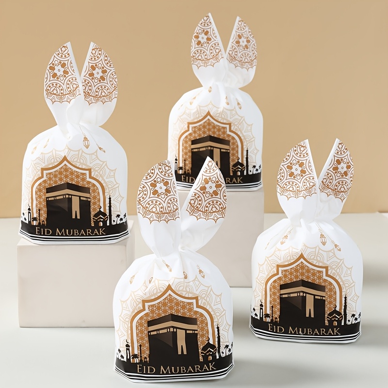 

50 pièces de sacs cadeaux en plastique Eid avec design d'oreilles de lapin - de fête islamique pour le Ramadan, l'Aïd al-Fitr, l'Aïd - Décorations de fête musulmane et emballage de bonbons