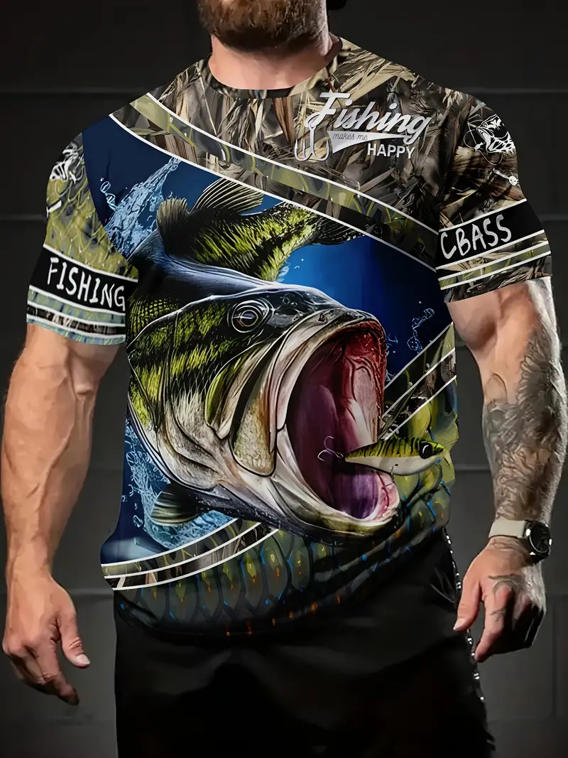 Plus Size Men's 3d Fish Graphic Print Crew Neck Short Sleeve - Temu New  Zealand