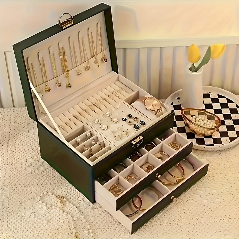 3 tier jewelry box organizer with key lock elegant green   lined compartments secure locking lid for earrings rings necklaces bracelets perfect gift for women home   decor durable synthetic   leather construction large jewelry box keepsake holder sophisticated design   leather   jewelry boxes Product details 5