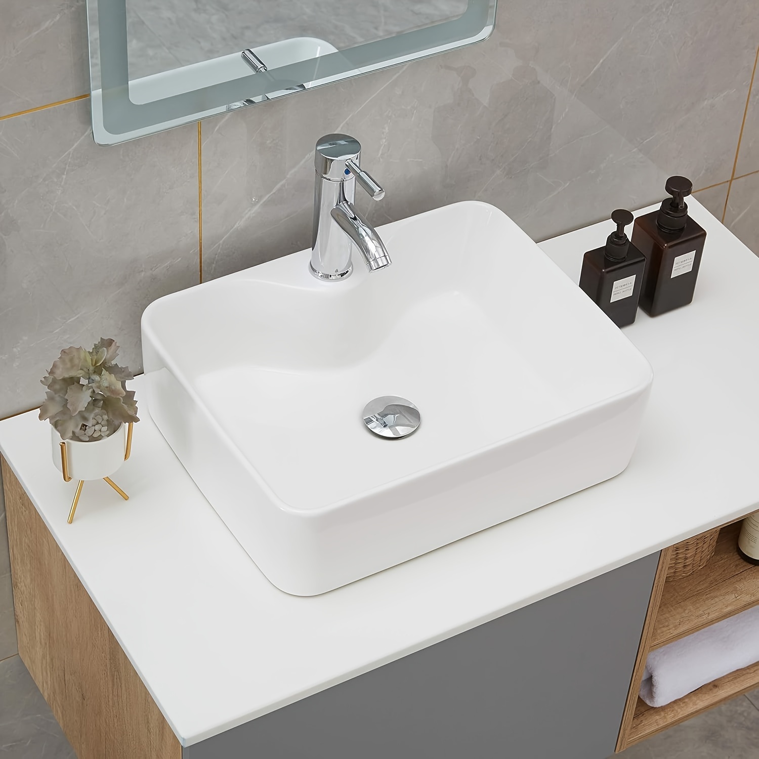 

1pc 19" X 15" Countertop Rectangle Vessel Sink, Above Counter Ceramic Hand Wash Basin Vanity Sink, Bathroom Sanitary Ware Art Basin Vessel Sink Bowl, White