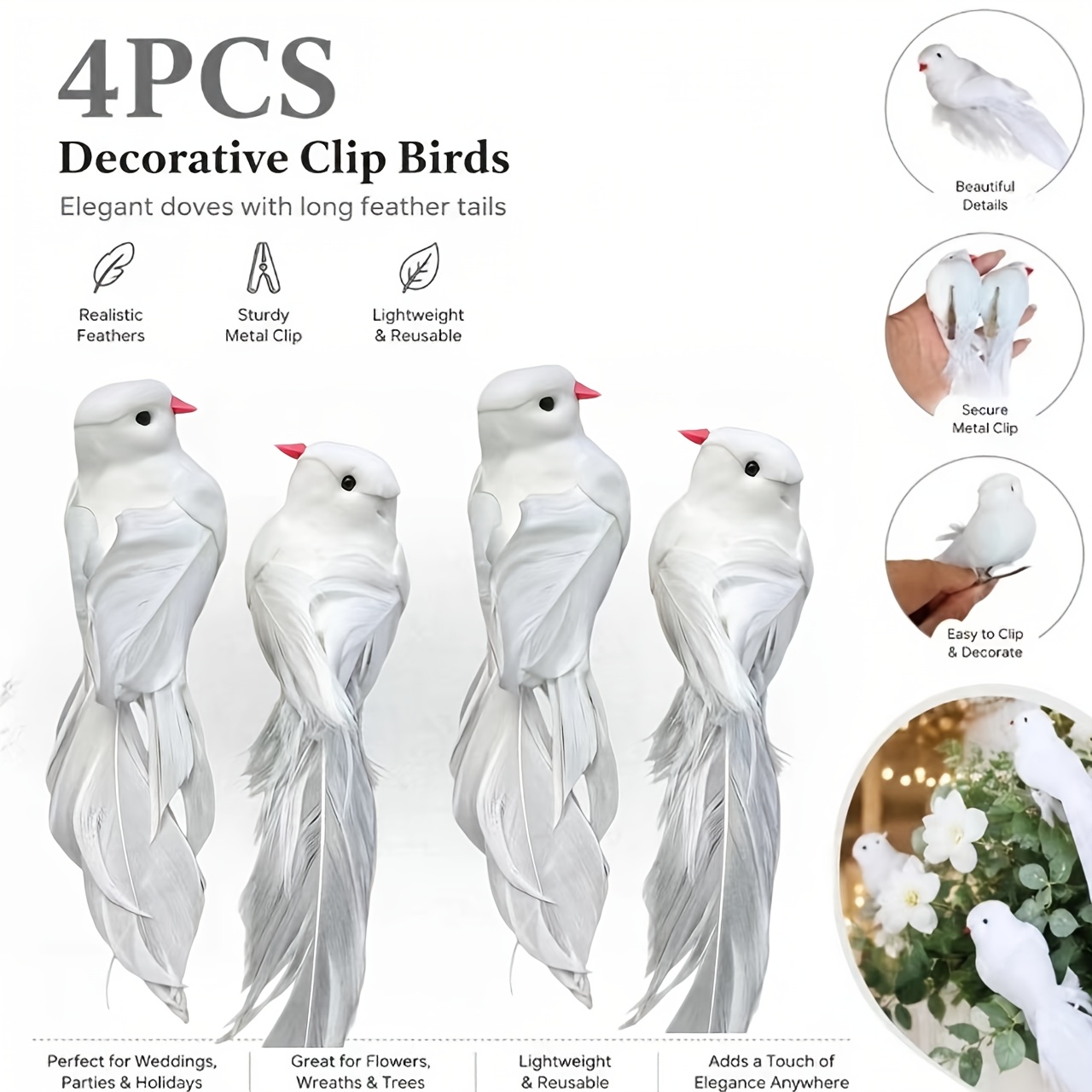 TEMU 4pcs Set Of Artificial Decorative Clips, 14.5cm Long Tail Ornaments With Metal Clips, For Christmas Tree Wreaths, Branches, Floral Arrangements,