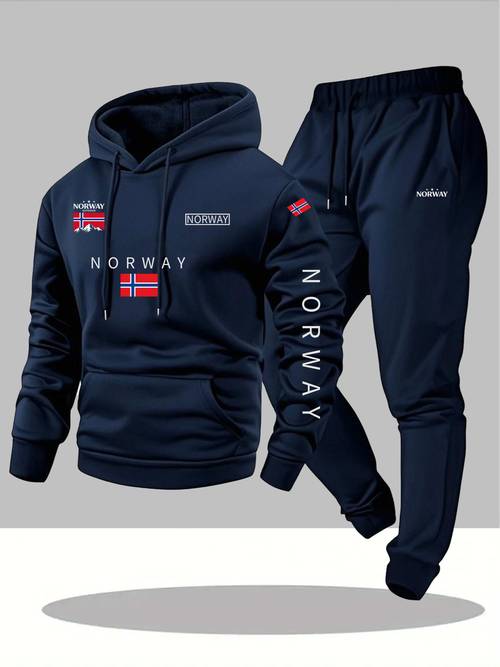 2pcs cartoon norway letter drawstring hoodie and sports trousers set casual hooded stretch fabric patterned loose fit for men ideal for fall winter