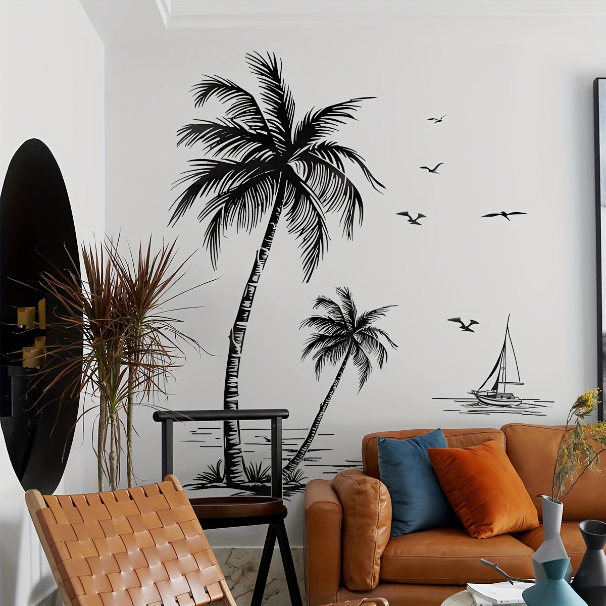 contemporary palm tree and sailboat wall decals set of   90cm each black silhouette seagull vinyl wall stickers self   tropical decor for living room ms3267 yl 0