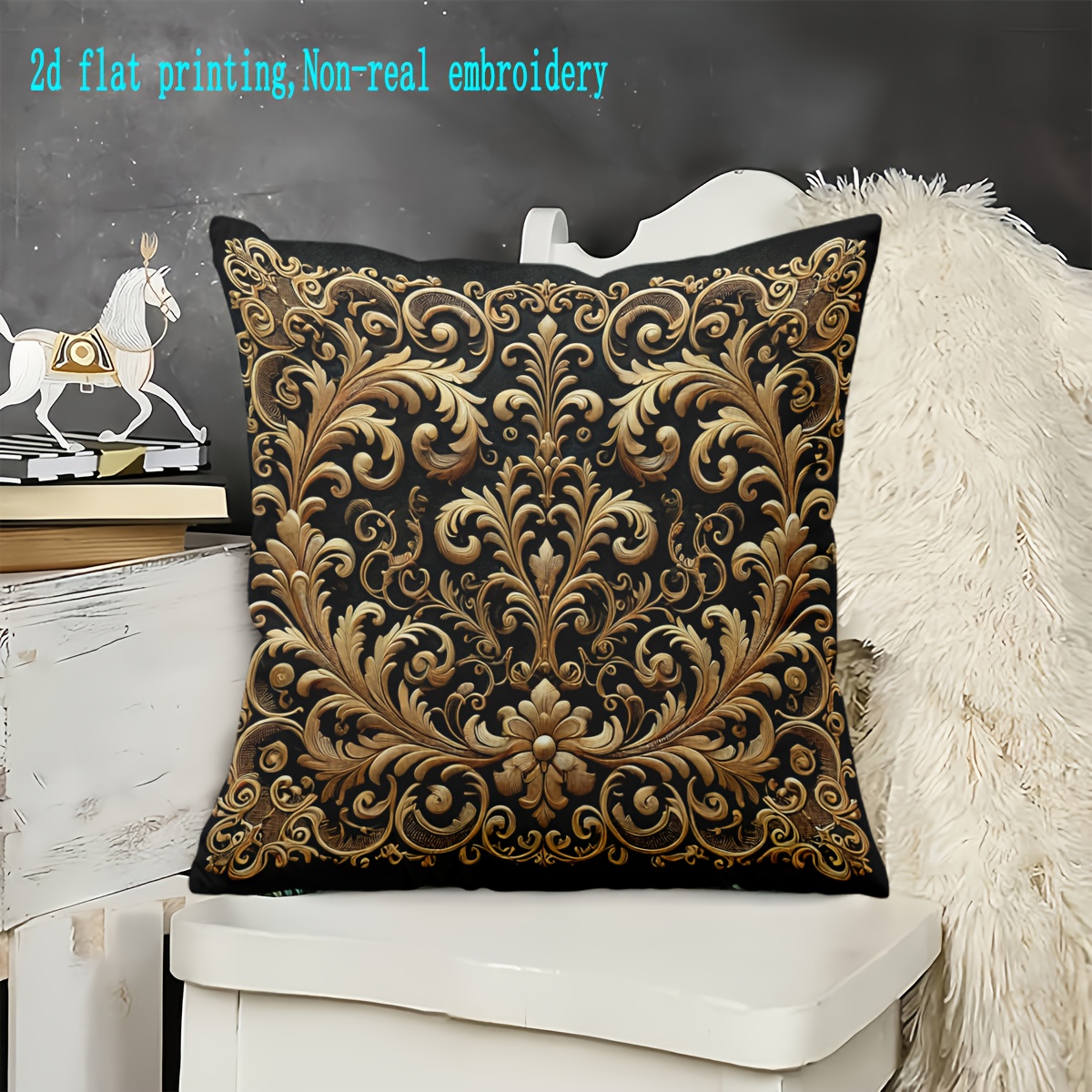 TEMU 1pc Elegant Black & Golden Paisley Embellished Cover - Contemporary Luxury Zippered Decorative Pillow Case, Machine-washable Polyester For Sofa,