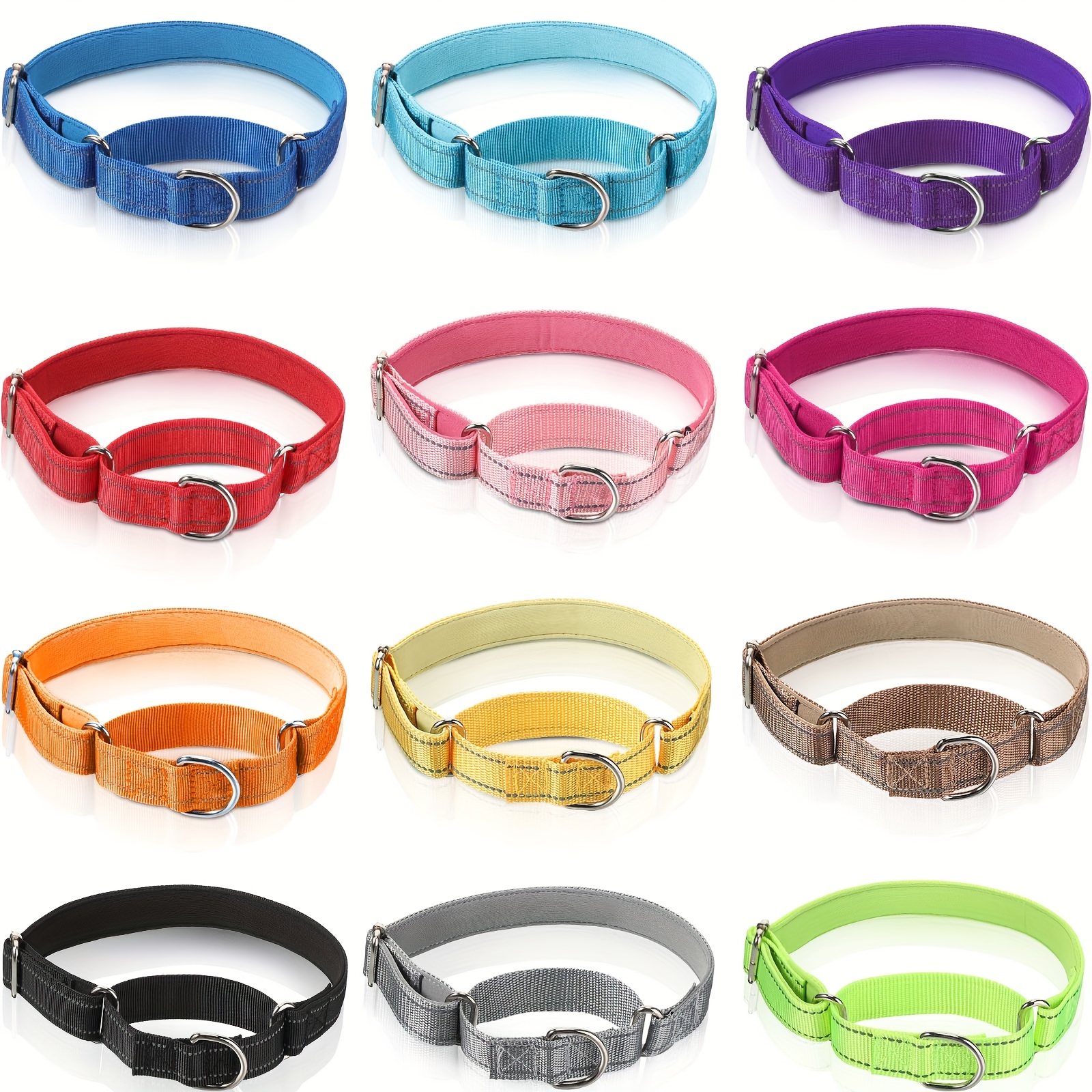 TEMU 12pcs Reflective Martingale Collar For Medium Dogs - Adjustable Nylon Dog Collar With Metal , 12 Vibrant Colors, Prevents Slipping Out, Visibility For Safe